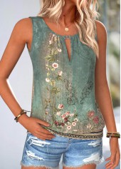 Green Shirred Tribal Print Sleeveless Round Neck Tank Top | thumb picture 
