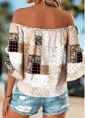 Light Coffee Tie Patchwork Half Sleeve Off Shoulder Blouse | thumb picture 