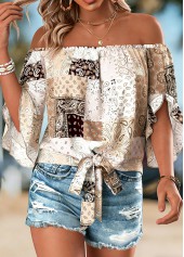 Light Coffee Tie Patchwork Half Sleeve Off Shoulder Blouse | thumb picture 