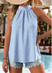 Blue Bowknot Striped Strappy Tie Collar Camisole Top