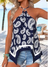 Navy Paisley Print Handkerchief Hem Strappy Halter Camisole Top