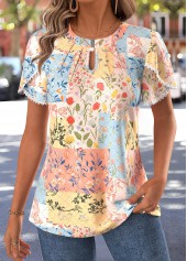 Multi Color Floral Print Curved Hem Short Sleeve Blouse