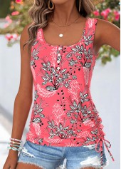 Coral Button Floral Print Sleeveless Square Neck Tank Top