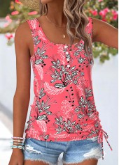 Coral Button Floral Print Sleeveless Square Neck Tank Top | thumb picture 