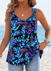 Cyan Leaf Print Tummy Coverage Strappy Tank Top
