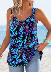Cyan Leaf Print Tummy Coverage Strappy Tank Top | thumb picture 