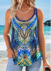 Blue Tummy Coverage Tribal Print Strappy Camisole Top