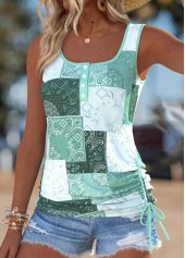 Sage Green Tummy Coverage Tribal Print Sleeveless Tank Top