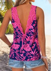 Hot Pink Patchwork Floral Print Sleeveless Tank Top