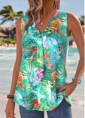 Green Marine Life Print Sleeveless V Neck Tank Top | thumb picture 