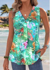 Green Marine Life Print Sleeveless V Neck Tank Top