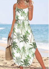 White Tummy Coverage Tropical Plants Print Strappy Dress