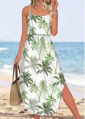 White Tummy Coverage Tropical Plants Print Strappy Dress | thumb picture 