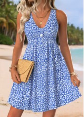Blue Tummy Coverage Ditsy Floral Print Short Sleeveless Dress