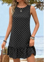 Black Tummy Coverage Polka Dot Short Sleeveless Dress