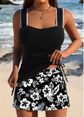 Tummy Coverage Mid Waisted Floral Print Black Tankini Set