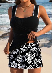 Tummy Coverage Mid Waisted Floral Print Black Tankini Set | thumb picture 
