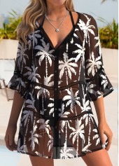 Tummy Coverage Tropical Plants Print Black Cover Up