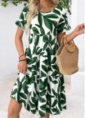 Green Leaf Print Tummy Coverage A Line Dress