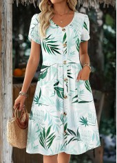 White Leaf Print Patchwork Short Sleeve V Neck Dress | thumb picture 