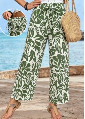 Olive Green Soft Plants Print Wide Leg Pants