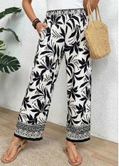 Black Soft Tropical Plants Print Wide Leg Pants