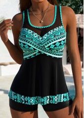 Tummy Coverage Mid Waisted Tribal Print Cyan Tankini Set