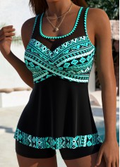 Tummy Coverage Mid Waisted Tribal Print Cyan Tankini Set | thumb picture 