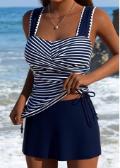 Tummy Coverage Mid Waisted Striped Navy Tankini Set | thumb picture 