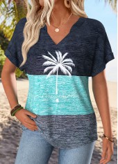 Dusty Blue Tropical Plants Print Tummy Coverage T Shirt