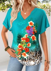 Turquoise Floral Print Tummy Coverage Short Sleeve T Shirt