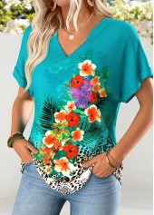 Turquoise Floral Print Tummy Coverage Short Sleeve T Shirt | thumb picture 