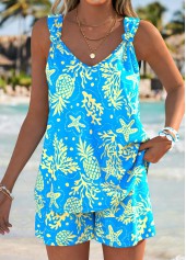 Cyan Tummy Coverage Marine Life Print Sleeveless Tank Top