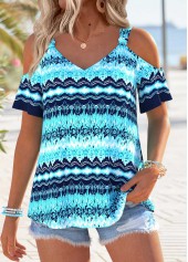 Cyan Geometric Print Tummy Coverage Short Sleeve T Shirt