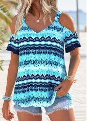 Cyan Geometric Print Tummy Coverage Short Sleeve T Shirt | thumb picture 