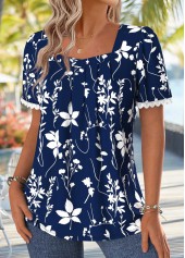 Navy Floral Print Tummy Coverage Short Sleeve T Shirt | thumb picture 
