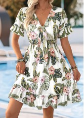 Olive Green Tropical Plants Print Tummy Coverage Dress