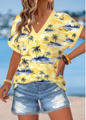 Yellow Tropical Plants Print Curved Hem T Shirt