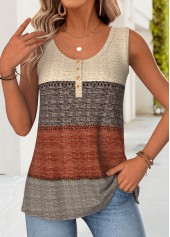 Multi Color Striped Button Sleeveless Round Neck Tank Top