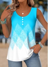 Cyan Geometric Print Button Sleeveless Round Neck Tank Top