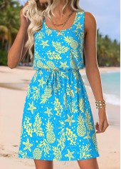 Blue Marine Life Print Short Tummy Coverage Sleeveless Dress