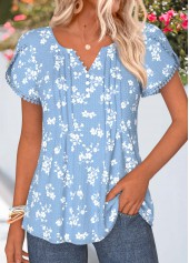 Light Blue Floral Print Tummy Coverage T Shirt