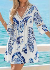 White Tribal Print Short Tummy Coverage Half Sleeve Dress