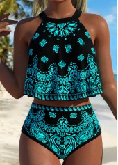 Black Mid Waisted Curved Hem Paisley Print Bikini Set