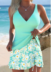 Green Mid Waisted Patchwork Ditsy Floral Print Tankini Set