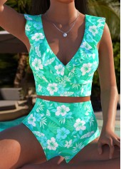 Green Mid Waisted Tropical Plants Print Bikini Set