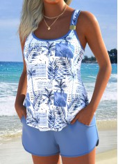 Dusty Blue Mid Waisted Tropical Plants Print Tankini Set | thumb picture 