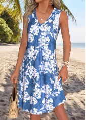 Blue Floral Print Tummy Coverage Sleeveless V Neck Dress | thumb picture 
