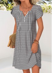 Black Plaid Short Tummy Coverage Split Neck Dress