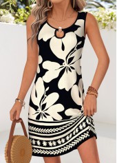 Black Floral Print Short Tummy Coverage Sleeveless Dress